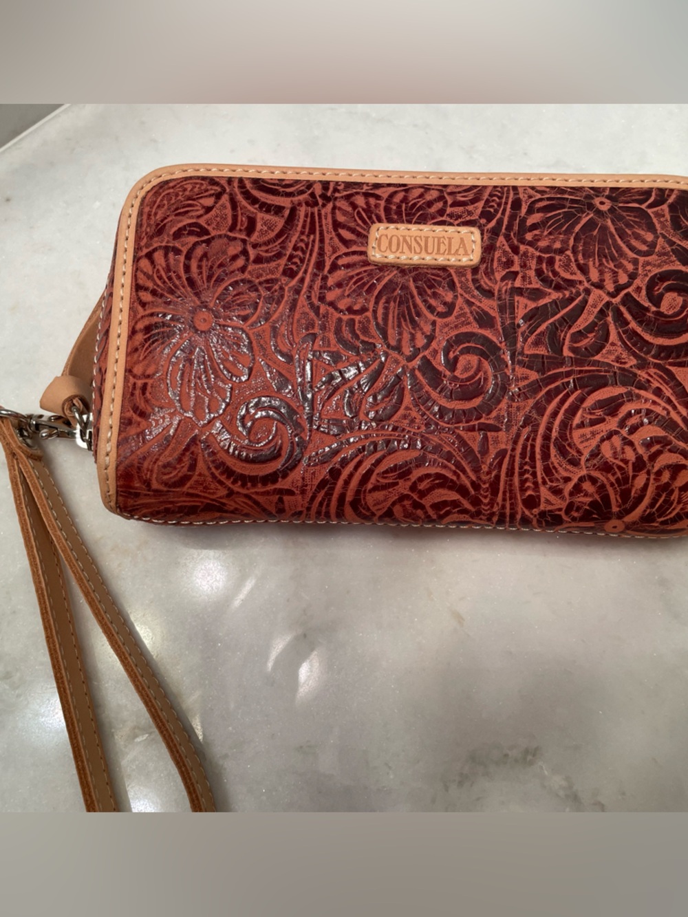 Consuela Floral Embossed Leather Wristlet in Brown and Tan - Picture 2 of 5